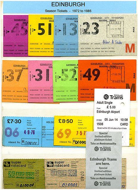 A selection of Season Tickets for Edinburgh's LRT Buses, 1972-87  +  a ticket for Edinburgh Trams, 2014