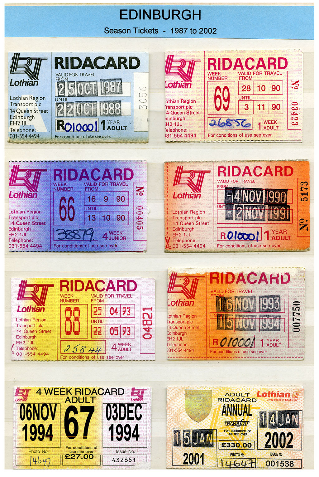 A selection of Season Tickets for Edinburgh's LRT Buses  -  1987-2002