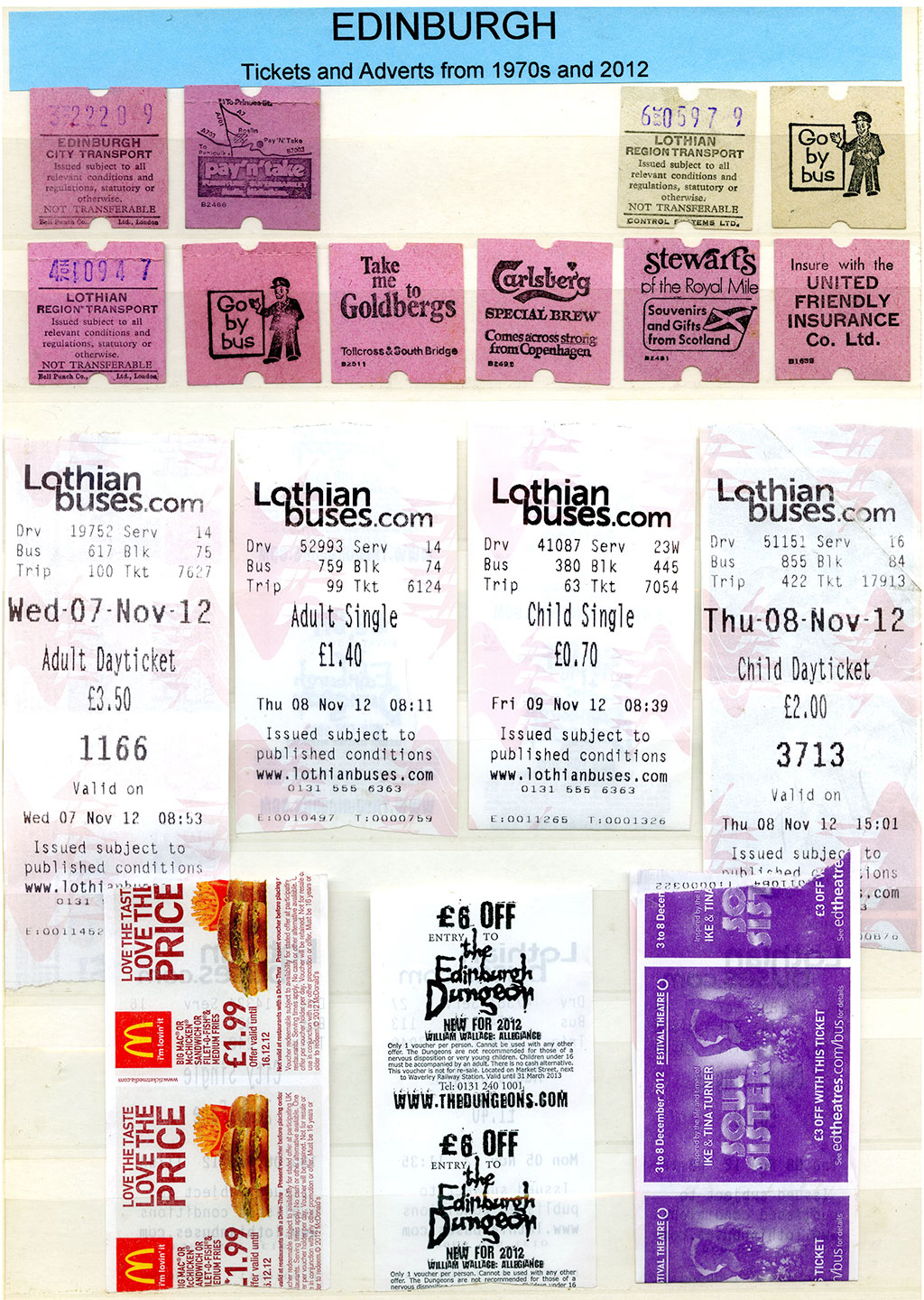 A Selection of Edinburgh Bus Tickets with adverts on the backs of some of these tickets  -  1970s to 2012