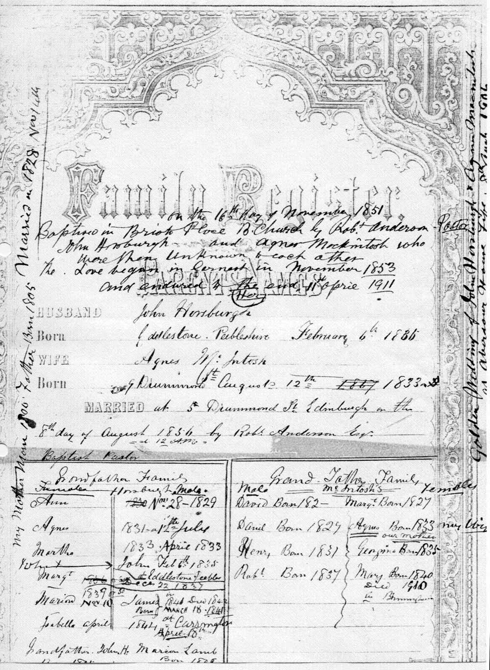 A page from the Family Register in John Horsburgh's family Bible  -  Details of the marriage between John Horsburgh and Agnes McIntosh