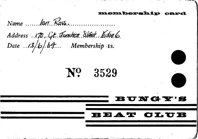 Bungy's Beat Club Membvership Card, 1964