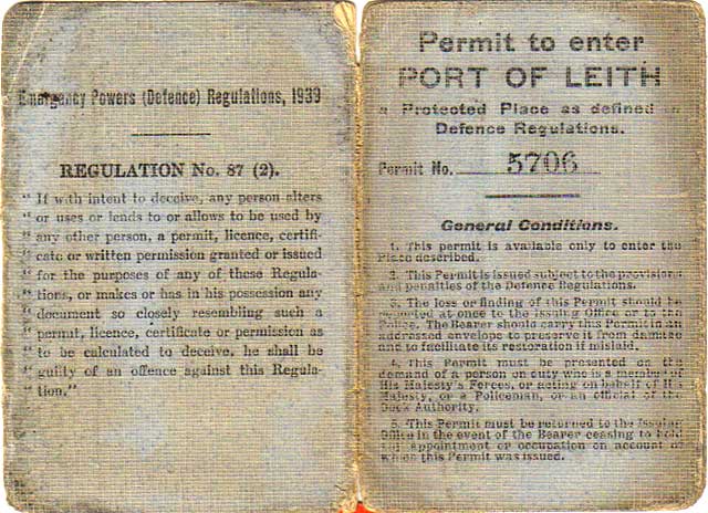 Permit to enter Port of Leith, 1939