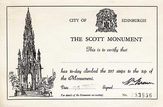 Certificate for climbing the Scott Monument, 1969