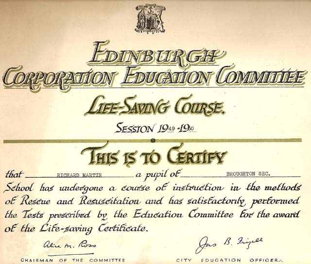 Edinburgh Corporation Education Department Swimming Certificate - Life Saving Course, awarded to Richard Martin, 1949-50