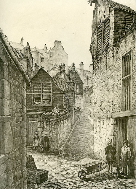 Old Houses in Edinburgh  -  Drawing by Bruce J Home  -  Baird's Close