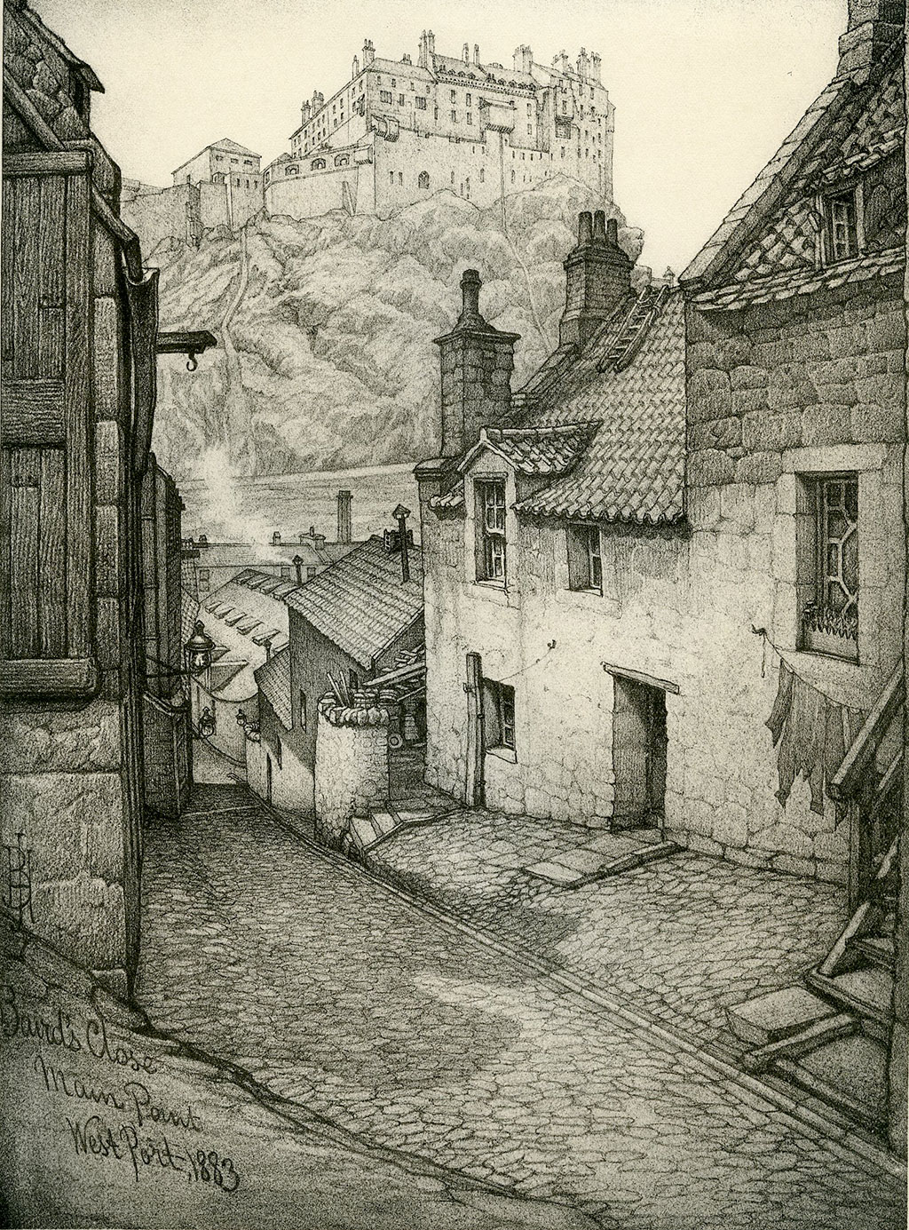 Old Houses in Edinburgh  -  Drawing by Bruce J Home  -  Baird's Close, looking north