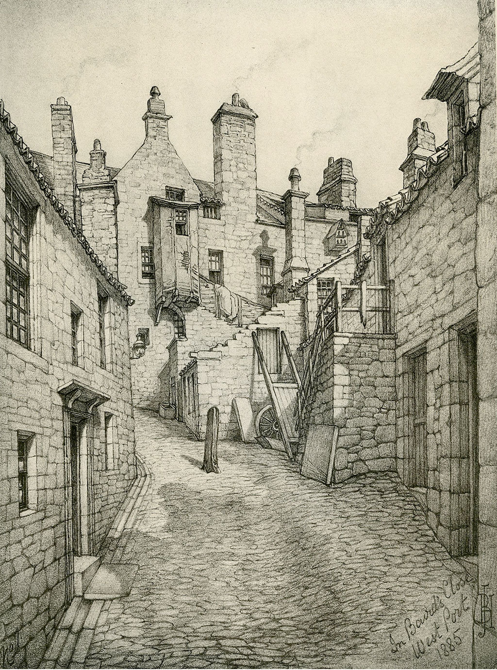 Old Houses in Edinburgh  -  Drawing by Bruce J Home  -  Baird's Close, looking south