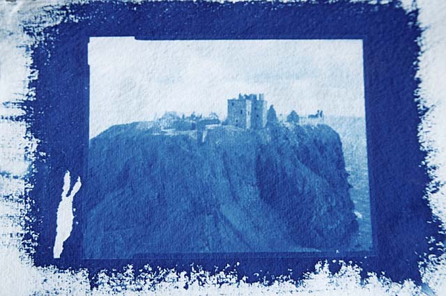 Cyanotype print of Dunnottar Castle by Norma Thallon, printed at Hospitalfield House  -  2003