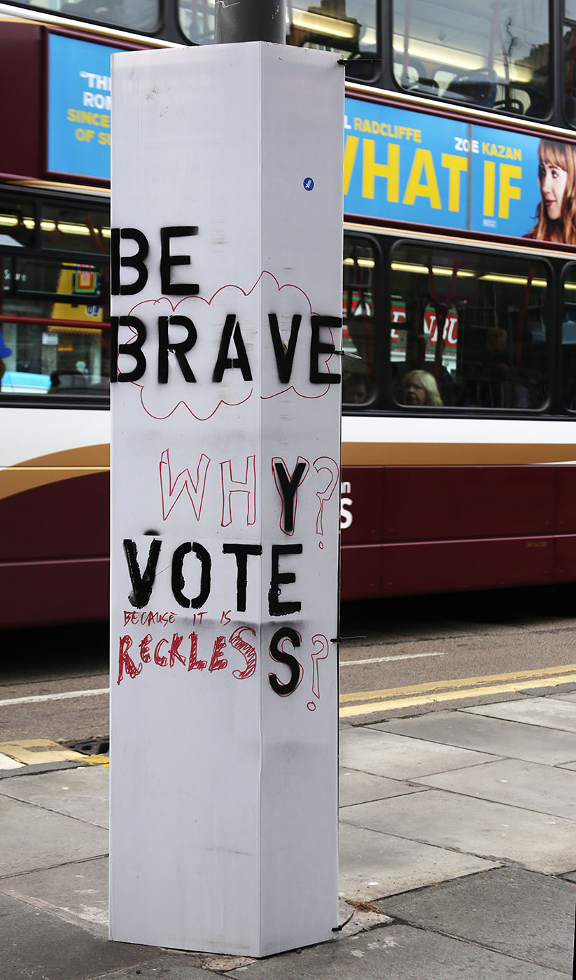 Photos taken in Edinburgh on the two days leading up to the Scottish Referendum Vote on 18 September 2014  -  Placard outside Scalyes Music Shop, Nicolson Street, and a passing Bus