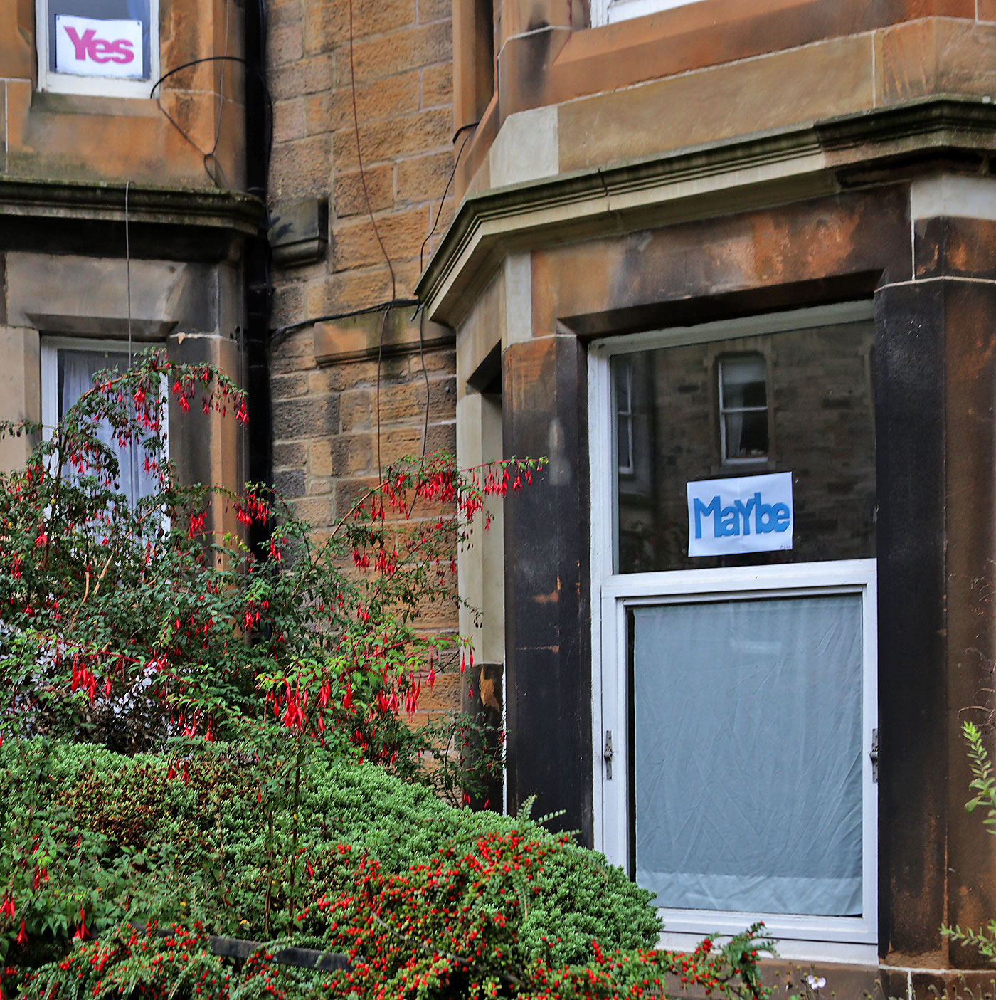 Photos taken in Edinburgh on the two days leading up to the Scottish Referendum Vote on 18 September 2014  -  'Yes' and 'Maybe' Posters at Marchmont Crescent, South Side