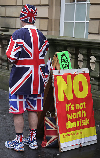 Photos taken in Edinburgh on voting day in the  Scottish Indepemdence Referendum on 18 September 2014  -  The Royal Mile  -   'No campaigner on the corner of George IV Bridge and Lawnmarket' 
