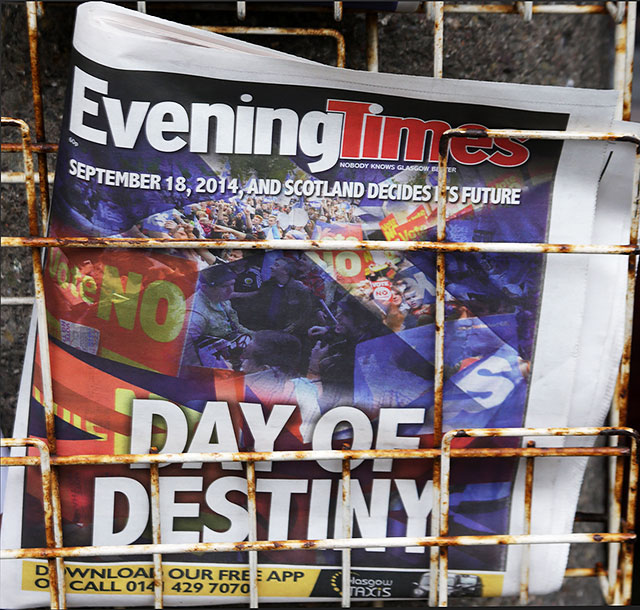 Photos taken in Edinburgh on voting day in the  Scottish Indepemdence Referendum on 18 September 2014  -  Newspaper Headline