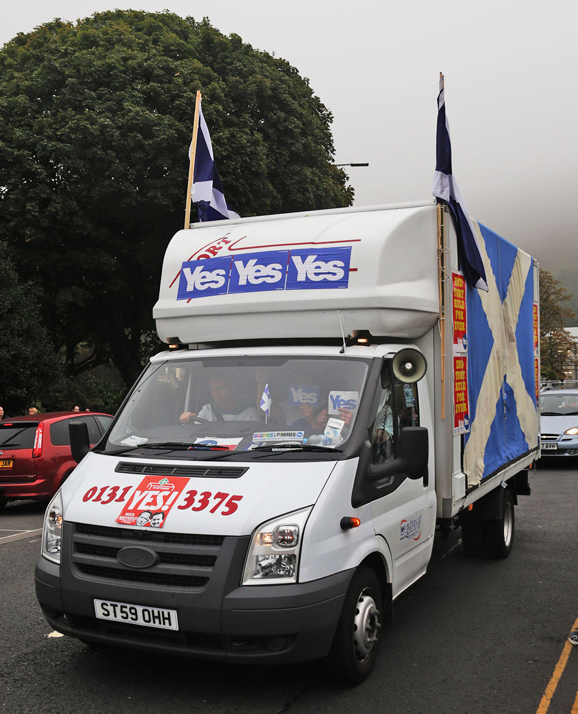 Photos taken in Edinburgh on voting day in the  Scottish Indepemdence Referendum on 18 September 2014  -  Outside the Scottish Parliament  -  The 'Yes' Campaign Van