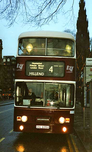 Bus No 635 in Princes Street, on the last day of running of LRT's Leyland Atlantean buses in Edinburgh.