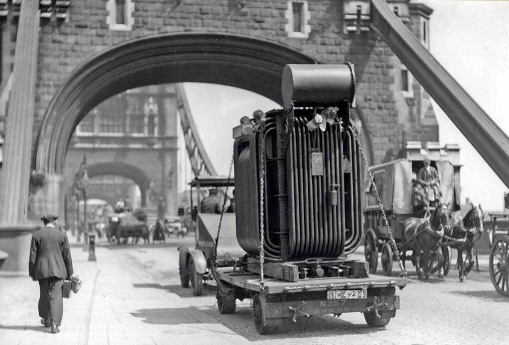 A transformer from Bruce Peebles' works in Edinburgh passes through London  in the early 1900s