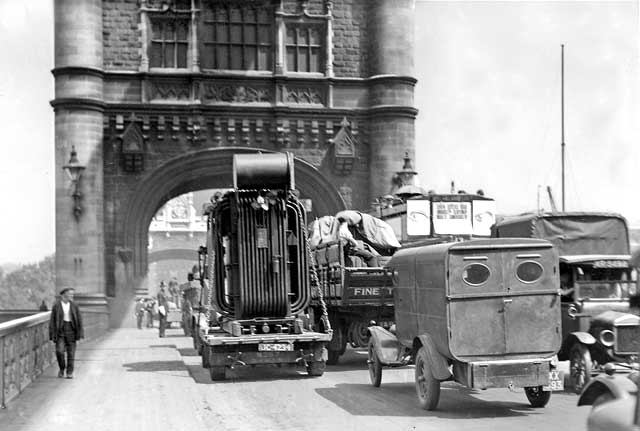 A transformer from Bruce Peebles' works in Edinburgh passes through London  in the early 1900s