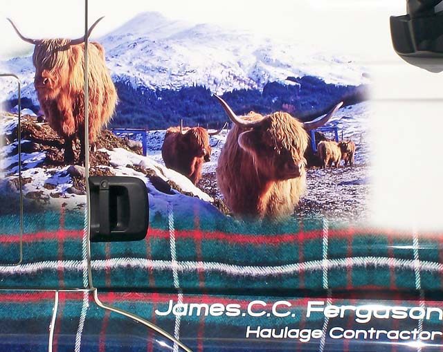 Truck decorated with photos, including my photograph of highland cattle in the snow.