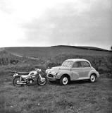 Aerial Arrow Motorcycle and Morris Minor car photographed in the 1960s, probably at Lasswade Road, Edinburgh