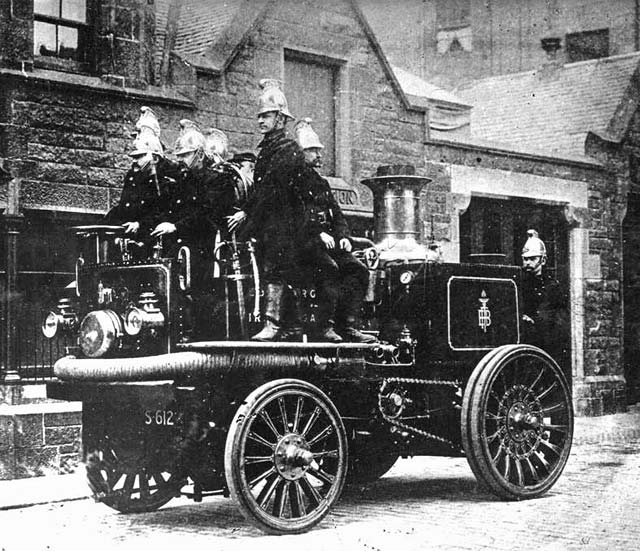 A 1906 Merryweather 'Fire King' fire engine outside the fire station at Braid Place
