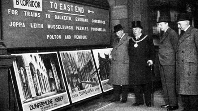 Railway Posters on Display at Waverley Station  -  Photo published in LNER Magazine, June 1936