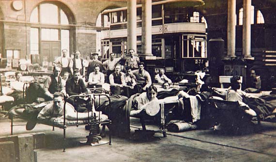 Beds and men in Shrubhill Transport Department workshops during the strike of 1920