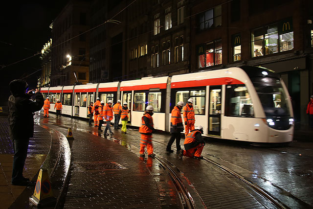 Tram Testing on December 5, 2013  -  Tram turning into Princes Street, after leaving St Andrew Square
