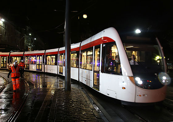 Tram Testing on December 5, 2013  -  Tram turning into Princes Street, after leaving St Andrew Square