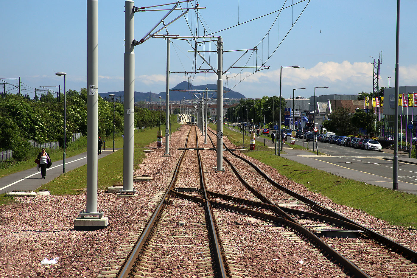 Edinburgh Tram Service  -  Looking towards Arthur Seat from the tram heading for York Place, after leaving the tram stop at Edinburgh Park Station  -  June 2014
