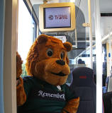 Edinburgh Tram Service  -  A bear, wearing the Raith Rovers FC Away Strip travels on the tram near Edinburgh Park Station  -  June 2014