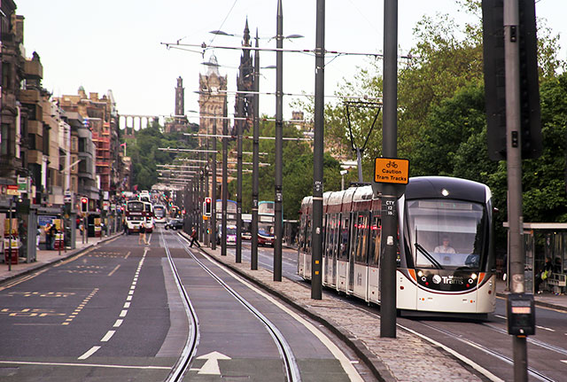 Edinburgh Tram Service  -  A tram waits at the lights before entering Princes Street on its journey to York Place  -  June 2014