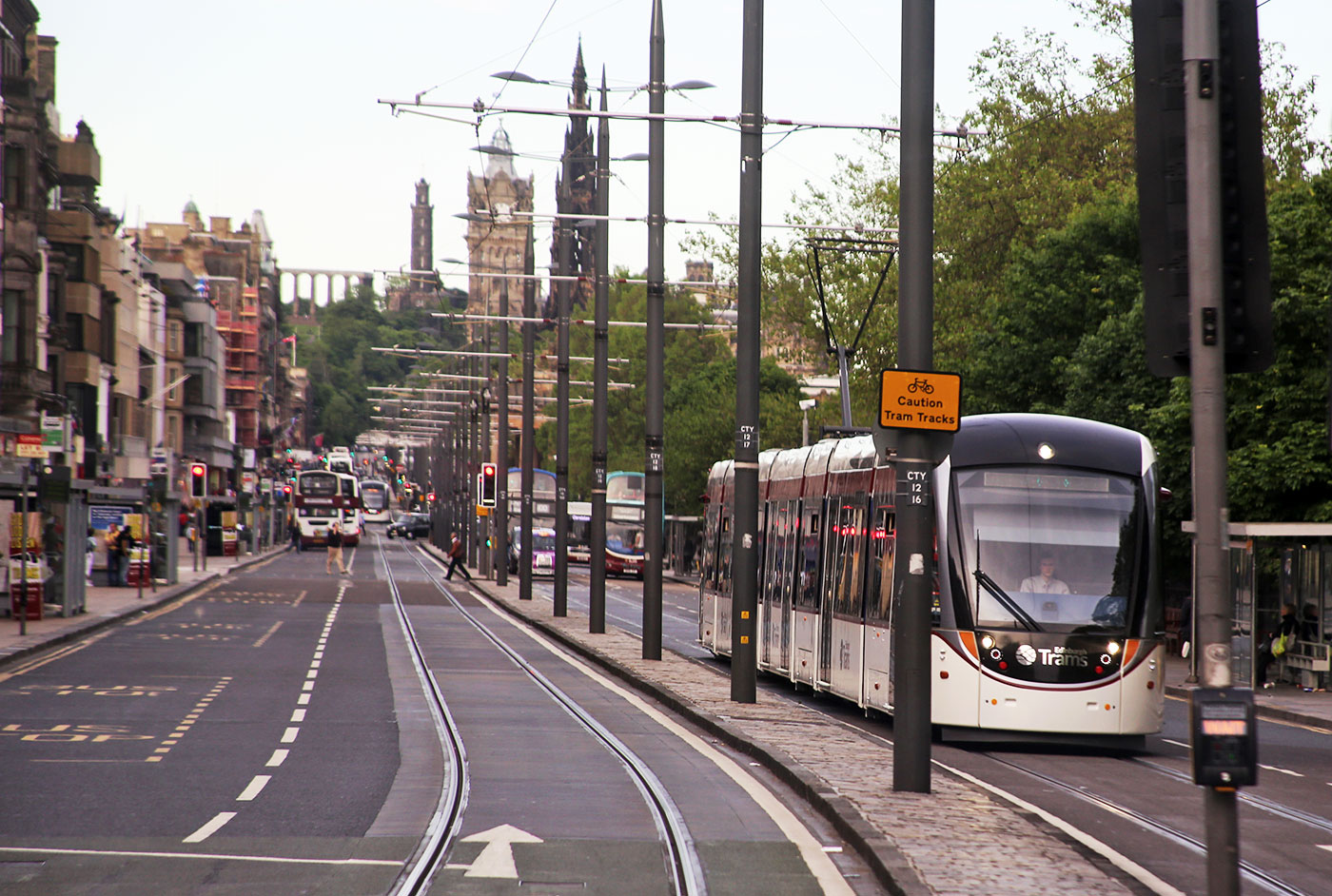 Edinburgh Tram Service  -  A tram waits at the lights before entering Princes Street on its journey to York Place  -  June 2014