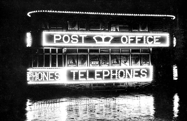 Illuminated Tram  -  Post Office Telephones  -  At Night