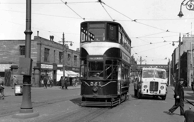 Leith Walk, 1954  -  Tram + Lorry passing Letih Tram Depot
