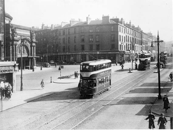 Trams in Lothian Road, passing the Usher Hall