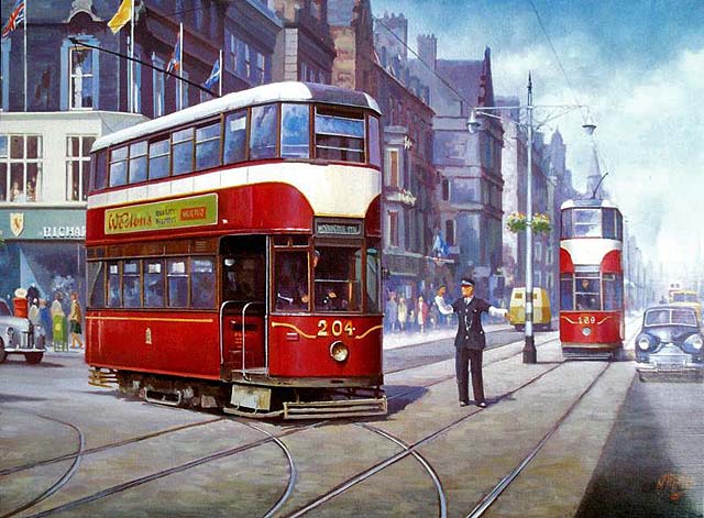 Tram crossing Princes Street from Hanover Street, at the foot of the Mound