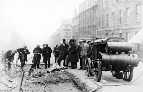 Hanover Street  -  Workers preparing for the introduction of Edinburgh's Cable Cars