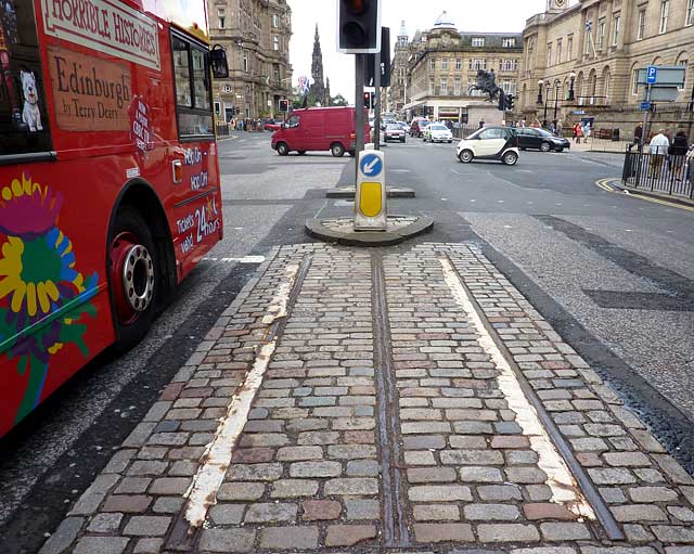 The last remaining section of cable car track in Edinburgh - at the west end of Waterloo Place