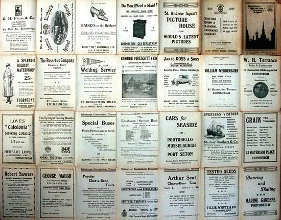 Adverts on the back of an Edinburgh Corporation Transport Department map of Tram and Bus routes  -  1924