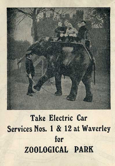 Advert on the back of an Edinburgh Corporation Tramways Department map, published around 1928  -  Elephant Rides at Edinburgh Zoological Park