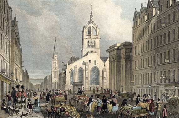 Engraving from 'Modern Athens'  -  hand-coloured  -  St Giles Church and The Lawnmarket