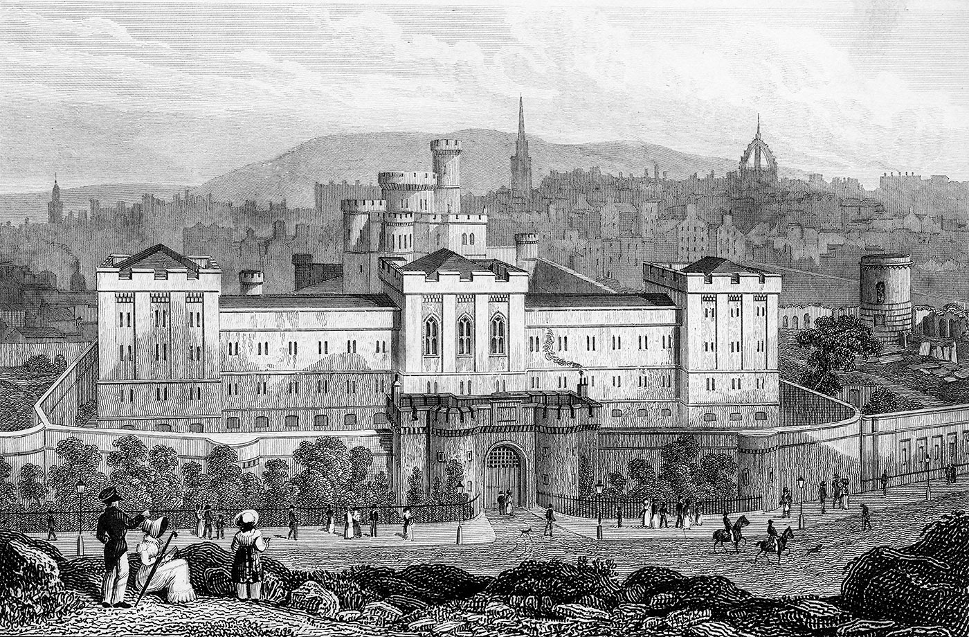 Engraving from 'Modern Athens'  -  Calton Jail, seen from Calton Hill