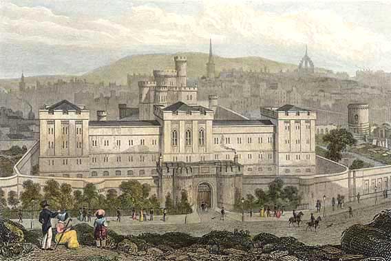 Engraving from 'Modern Athens'  -  hand-coloured  -  Calton Jail