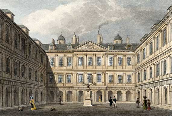 Engraving from 'Modern Athens'  -  hand-coloured  -  Inner Quadrangle of Holyrood Palace