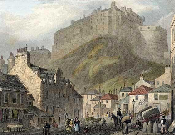 Engraving from 'Modern Athens'  -  hand-coloured  -  Edinburgh Castle from the Vennel