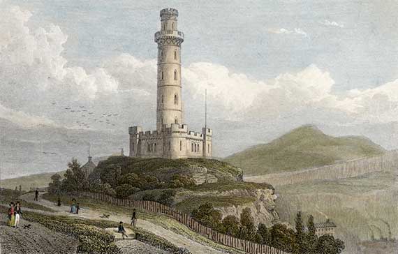 Engraving from 'Modern Athens'  -  hand-coloured  -  The Nelson Monument