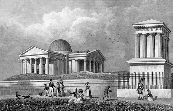 Engraving in 'Modern Athens'  -  The New Observatory and Playfair's Monument of Calton Hill