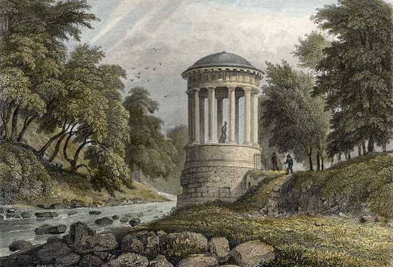Engraving in 'Modern Athens'  -  hand-coloured  -  St Bernard's Well beside the Water of Leith at Stockbridge