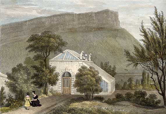 Engraving in 'Modern Athens'  -  hand-coloured  -  Summerhouse in the garden of Regent Murray House
