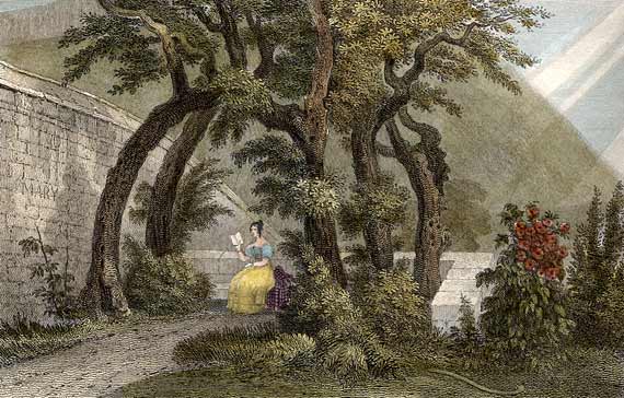 Engraving in 'Modern Athens'  -  hand-coloured  -  Arbour in the garden of Regent Murray's House