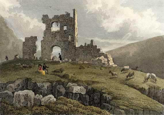Engraving from 'Modern Athens'  -  hand-coloured  -  St Anthony's Chapel ruins in Queen's Park